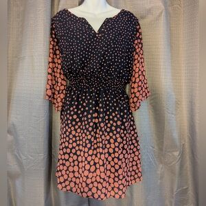 Navy Blue Salmon Pink Polka Dot V-Neck Dress